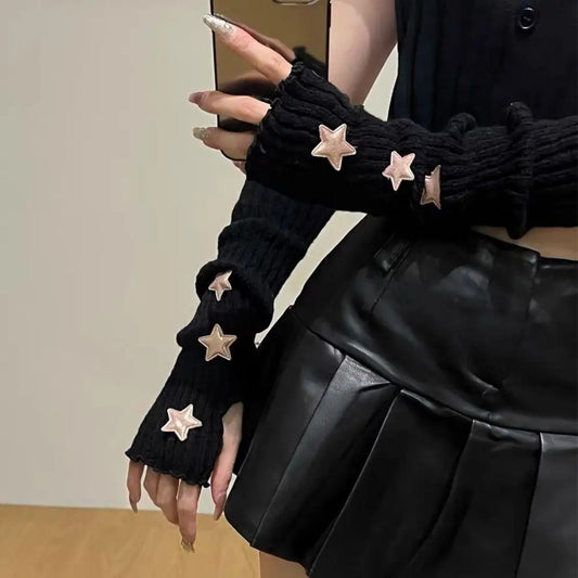 Lange Fingerlose Strickhandschuhe mit Stern Damen 30cm Armstulpen Freizeit