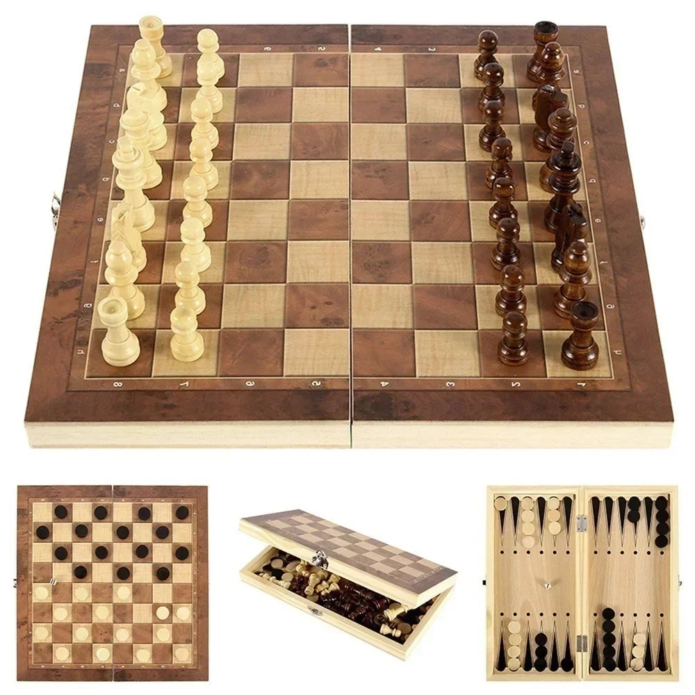 3-in-1 Holz-Spielbrett: Schach, Dame - Backgammon kompakt für unterwegs