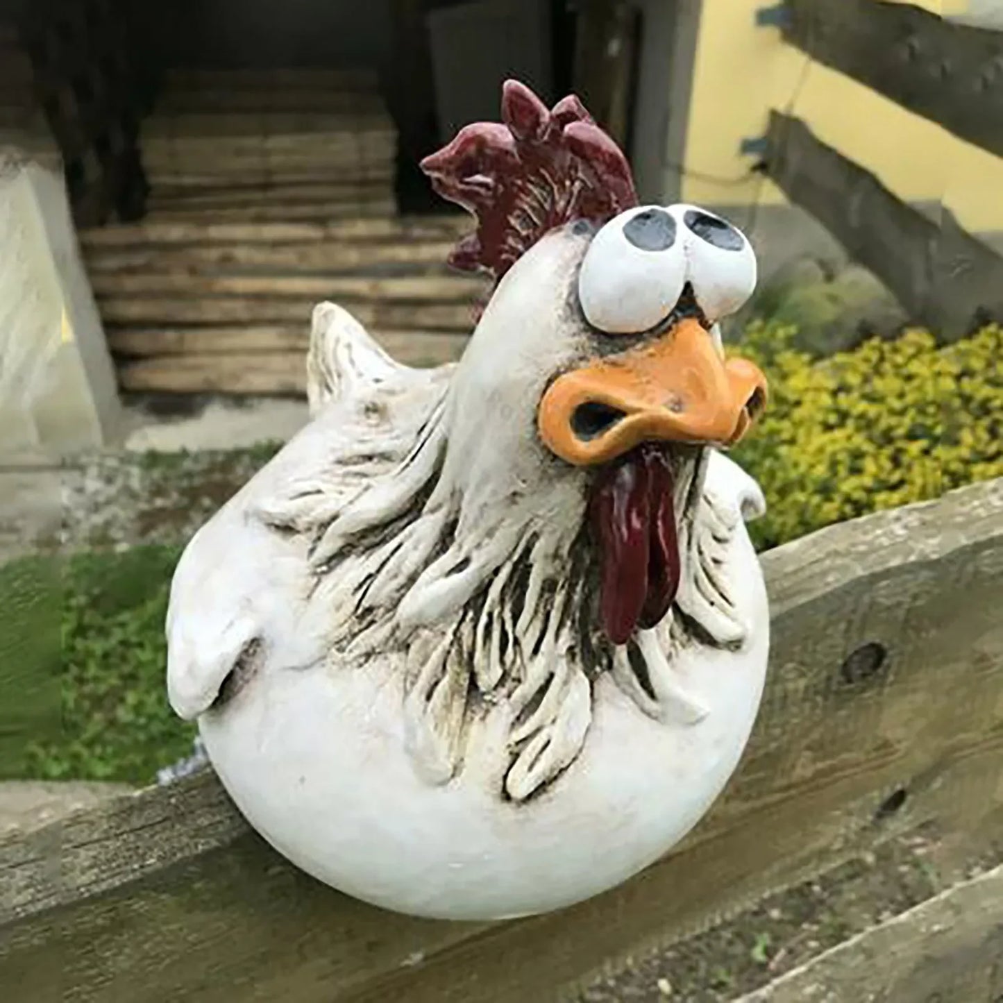 Wetterfeste Gartenhuhn-Statue aus Harz mit lustigen Gesichtern – Zaun-Deko Spaß