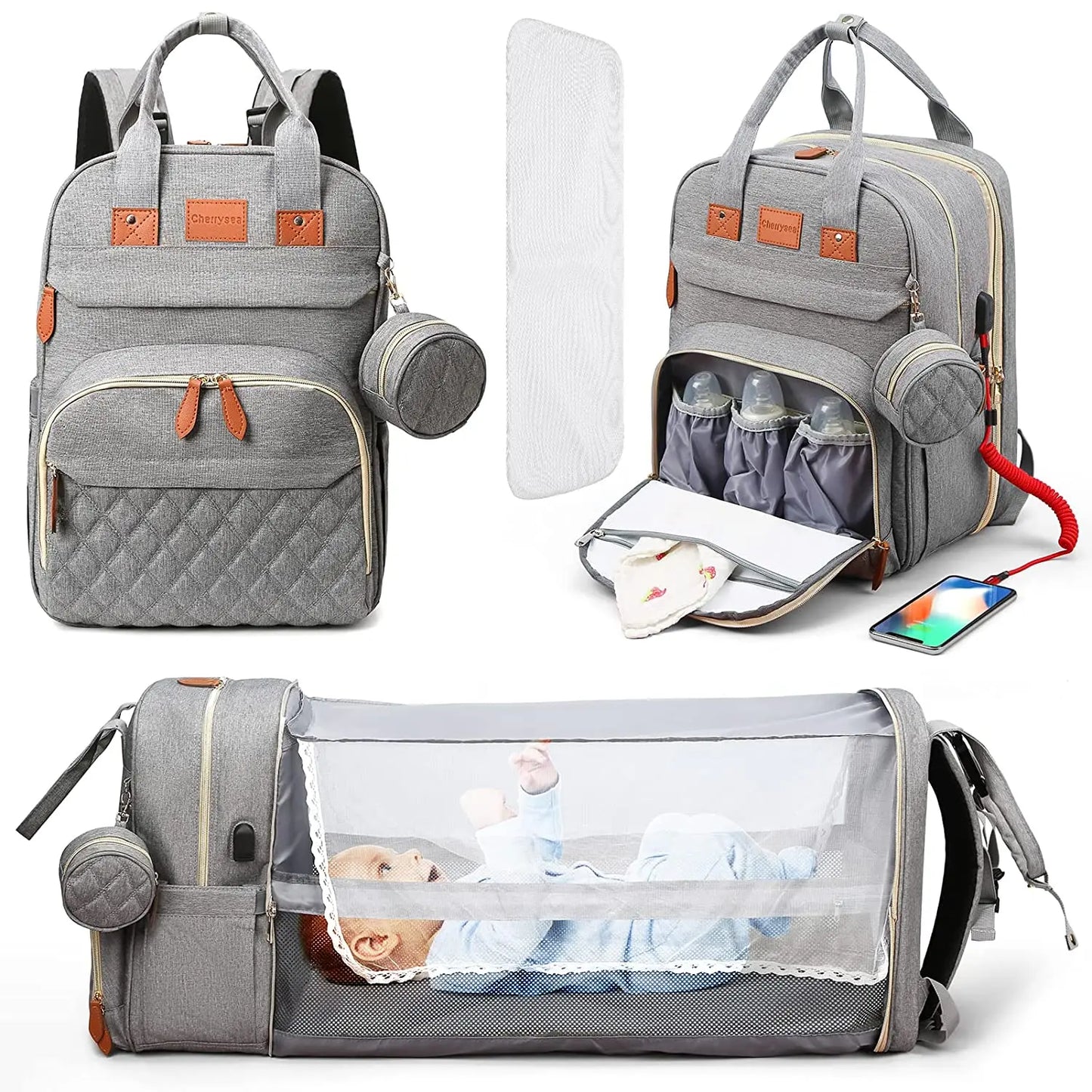 Vielseitige 3in1 Wickeltasche mit USB Ladefunktion und Babybett
