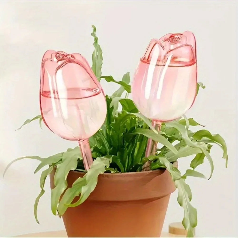 Selbstbewässernde Tulpenbewässerung aus Kunststoff – Tropfsystem in Rosa - Lila, 4er Set
