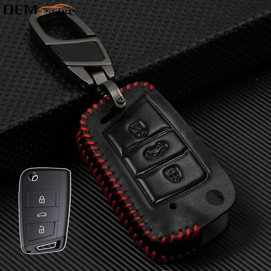 Leder 3-Tasten-Schlüsselanhänger mit Zinklegierung für VW - Skoda