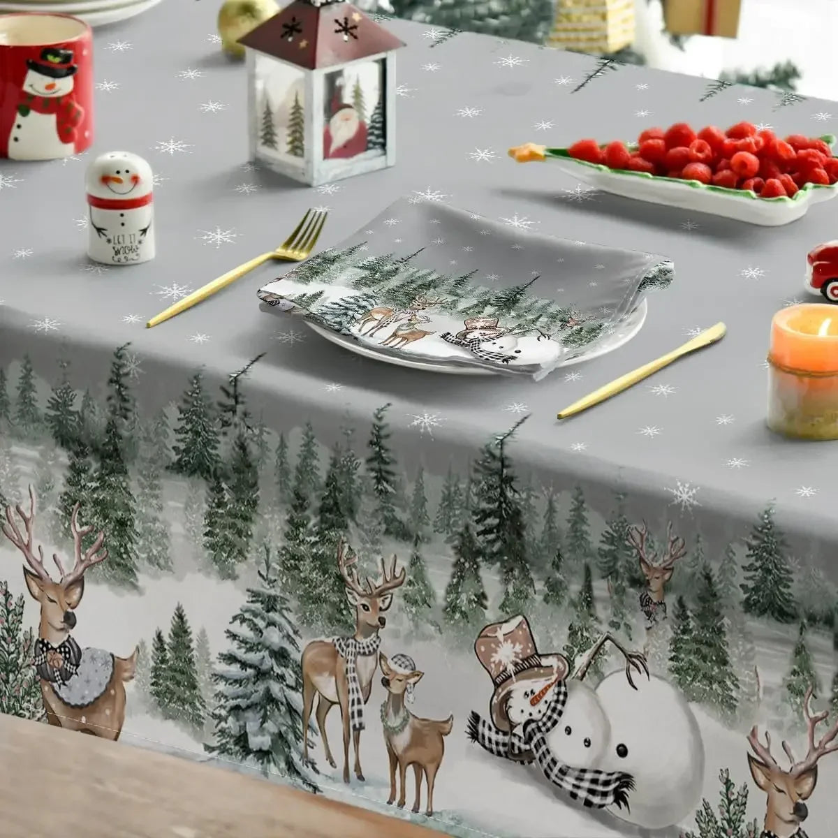 Wasserdichte Weihnachten Tischdecke mit Elch Schneemann Motiv Für Winterparty