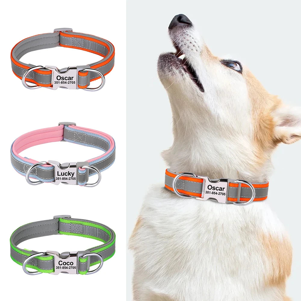Reflektierendes Hundehalsband mit graviertem ID-Tag, verstellbar für alle Größen