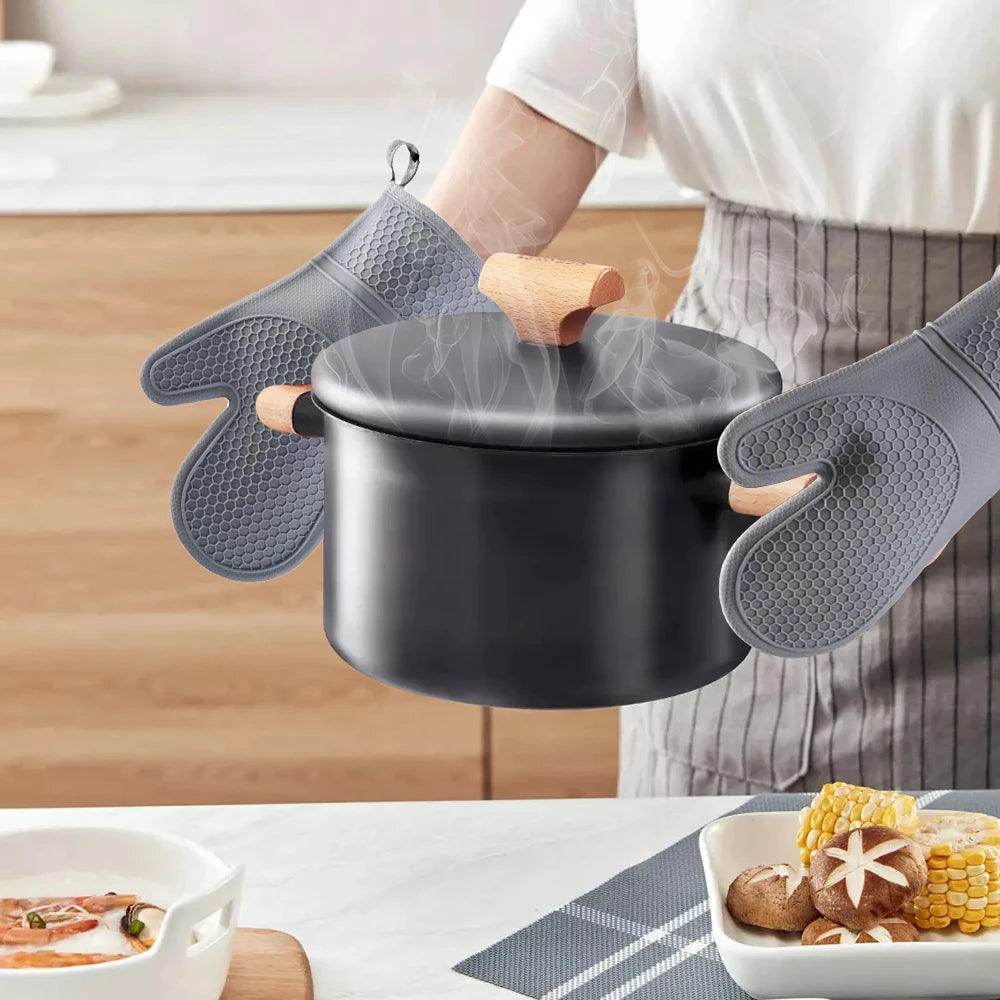 Hitzebeständige Silikon Ofenhandschuhe Weiches Baumwollfutter Lang
