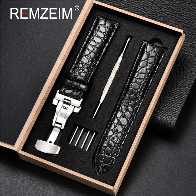 Geprägtes Leder Uhrenarmband 18-24mm mit Schmetterlingsverschluss