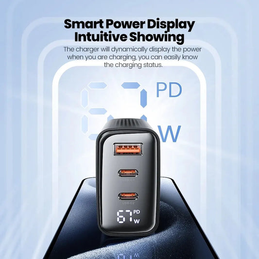 Effizientes 65W USB C Ladegerät mit Digitalanzeige für Laptops und Tablets