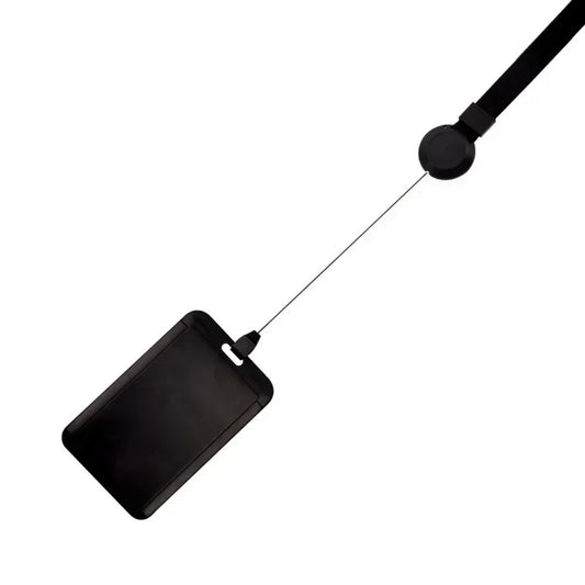 Schwarze Ausweishülle mit einziehbarer Rolle und Umhängeband