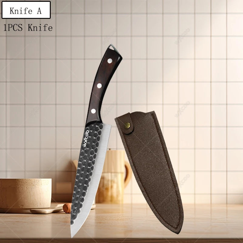 Handgefertigtes Küchenmesser aus Edelstahl mit Holzgriff und magnetischem Messerblock