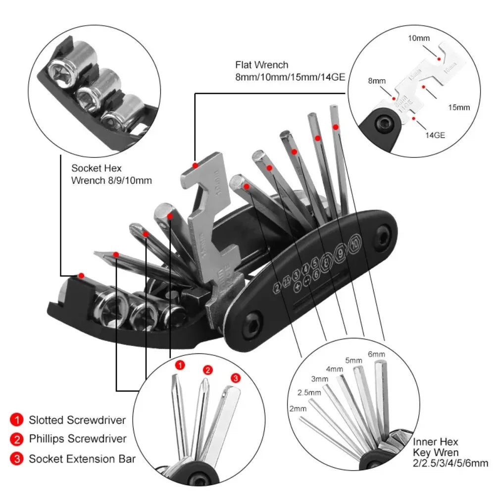 16-in-1 Fahrrad Multitool aus Kohlenstoffstahl – Kompaktes Reparaturset