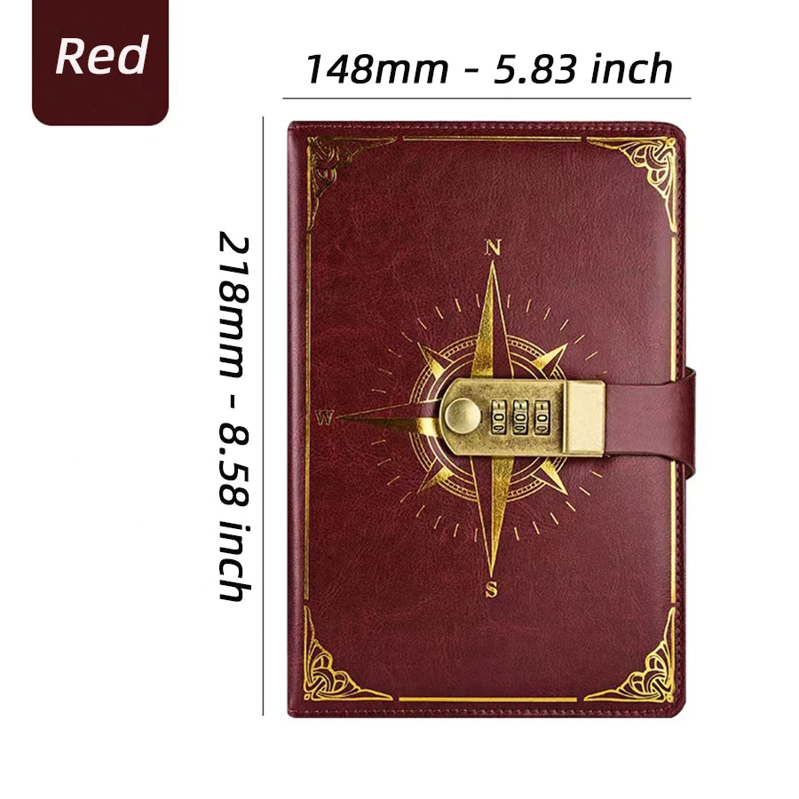 A5 Retro Passwort Notizbuch mit Schloss – PU Leder Kompass Design Tagebuch