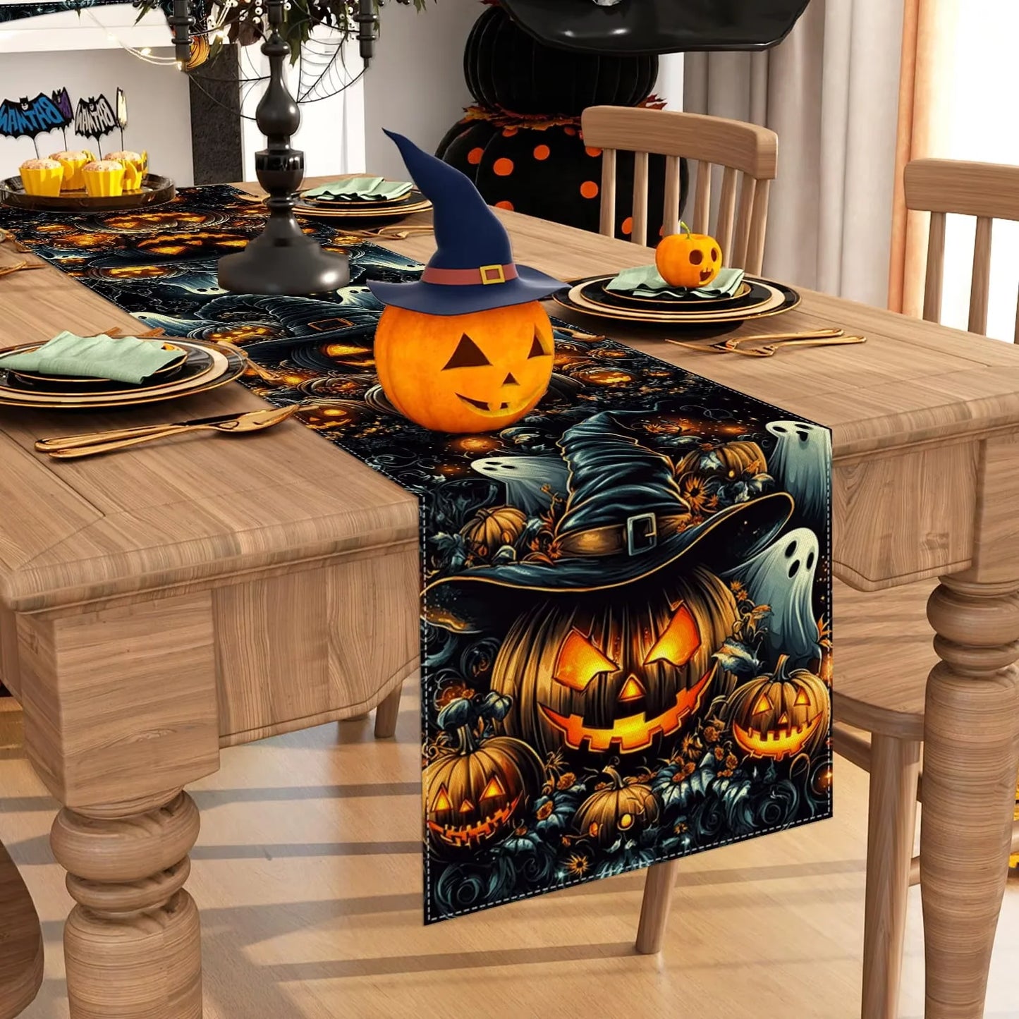 Schwarze Halloween Tischflagge mit Kürbisgespenst für saisonale Dekoration