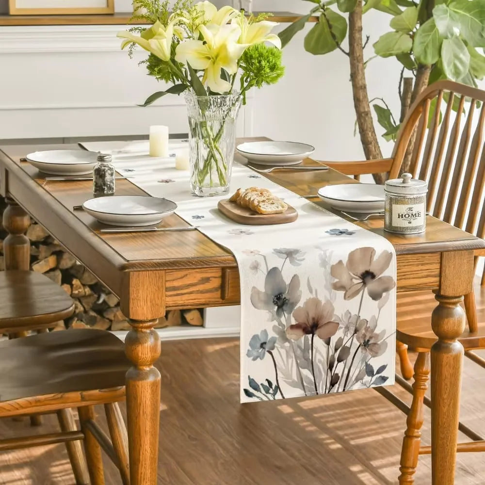 Bunter Tulpen Tischläufer aus Leinen mit floralem Aquarellmuster für Küche und Esszimmer