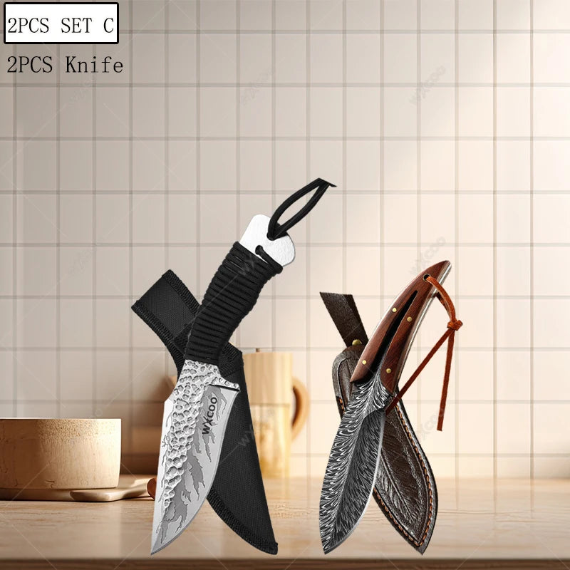 Handgefertigtes Küchenmesser aus Edelstahl mit Holzgriff und magnetischem Messerblock