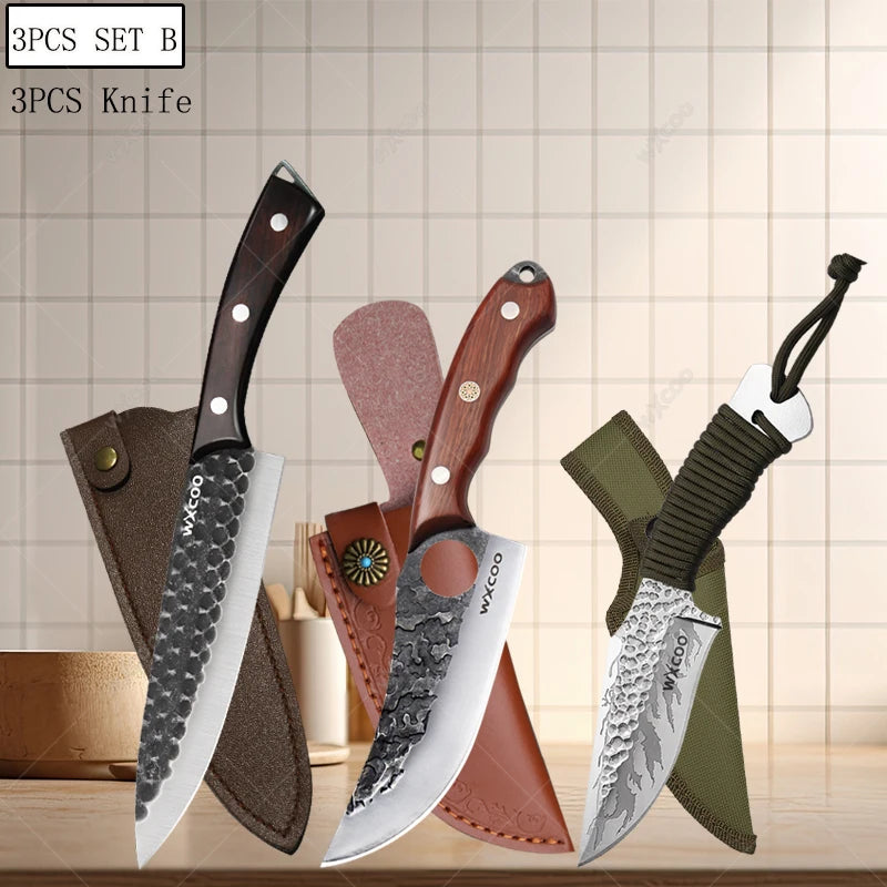 Handgefertigtes Küchenmesser aus Edelstahl mit Holzgriff und magnetischem Messerblock