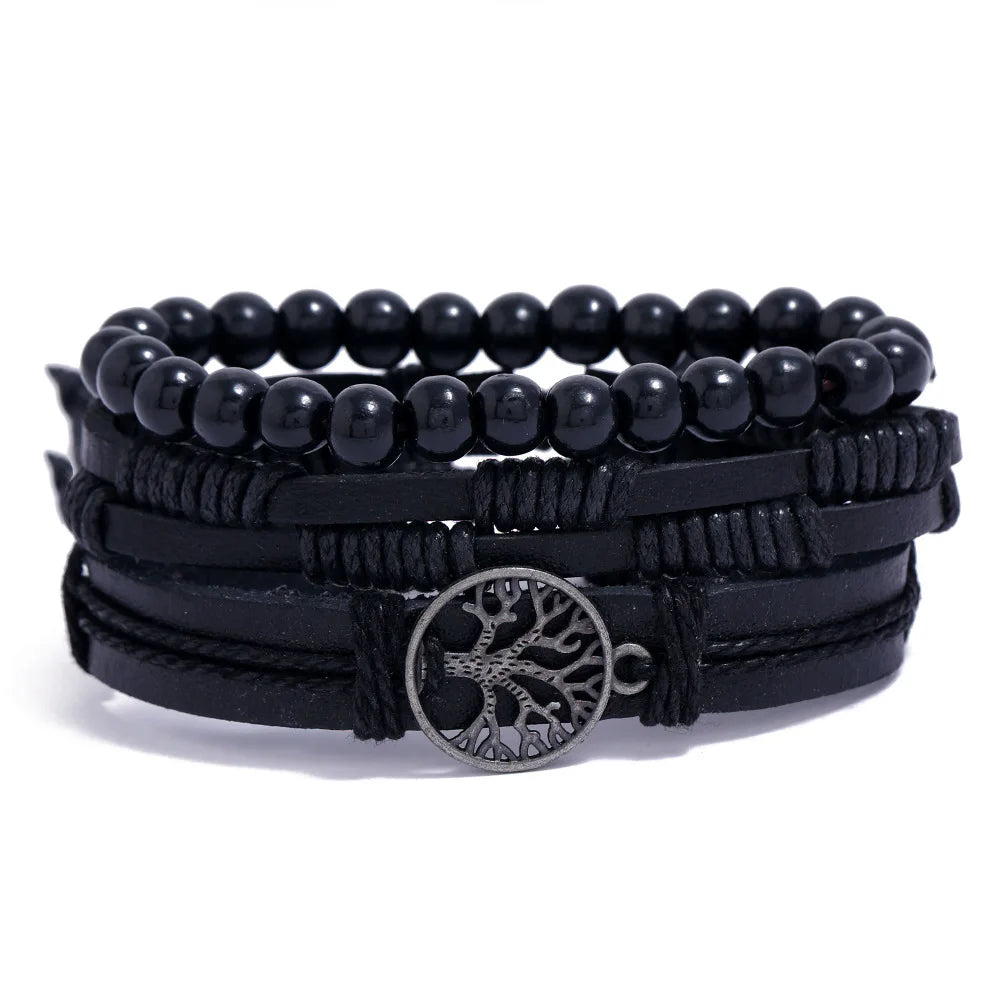 4-teiliges Herren-Lederarmband-Set mit Vintage Lebensbaum - Holzperlen