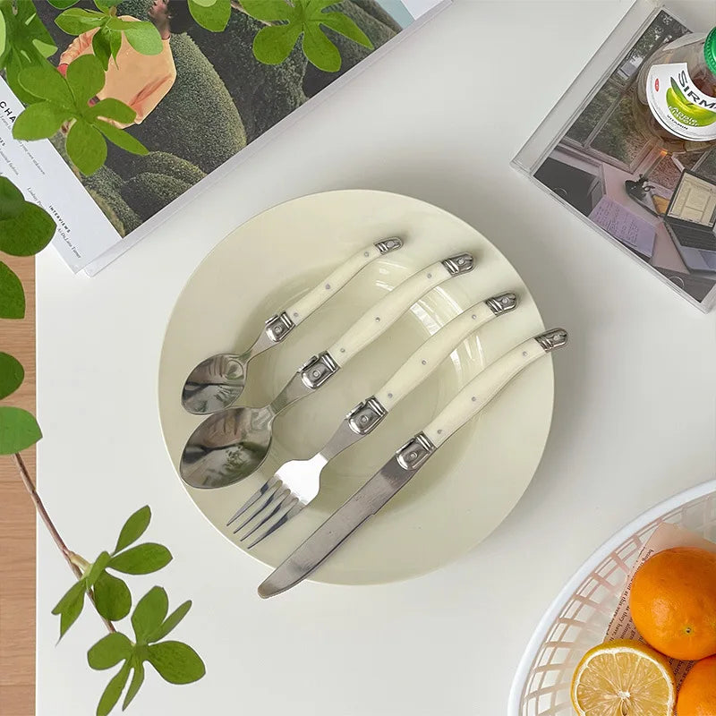 6teiliges Laguiole Besteckset aus Edelstahl mit Steakmessern und Löffeln