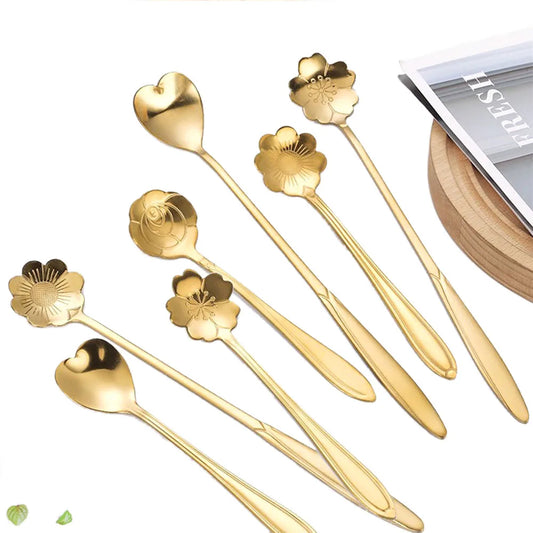 Elegantes 6-teiliges Gold Edelstahl Teelöffel Set mit Blumenmotiv für Tee - Dessert