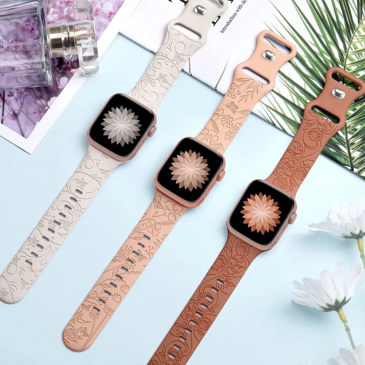 Blumengraviertes Silikonarmband für Apple Watch 38–49 mm – stilvoll - flexibel