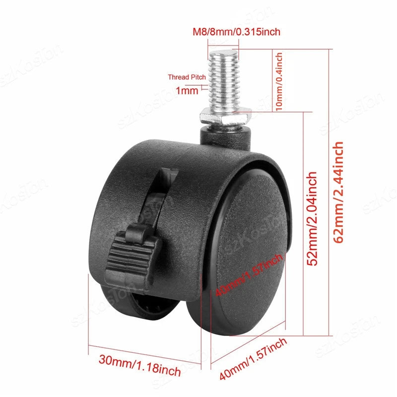 4 Universal Möbel-Fußrollen M8 Gewinde 1,5 Zoll ABS 360° leise Rollen