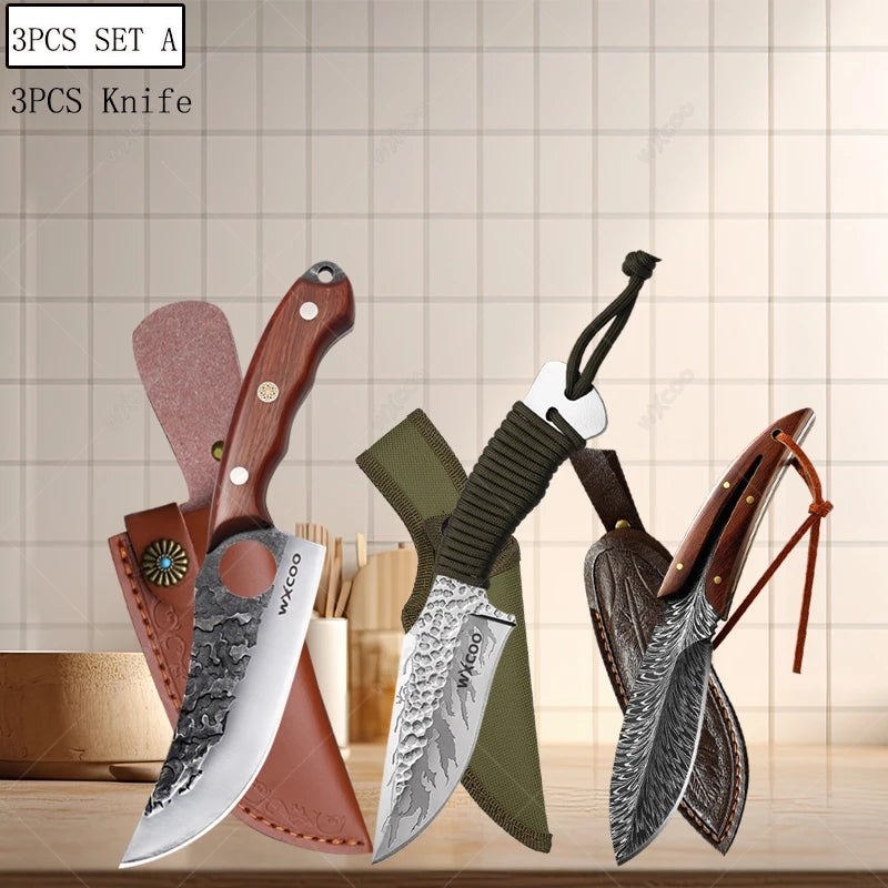 Handgefertigtes Küchenmesser aus Edelstahl mit Holzgriff und magnetischem Messerblock