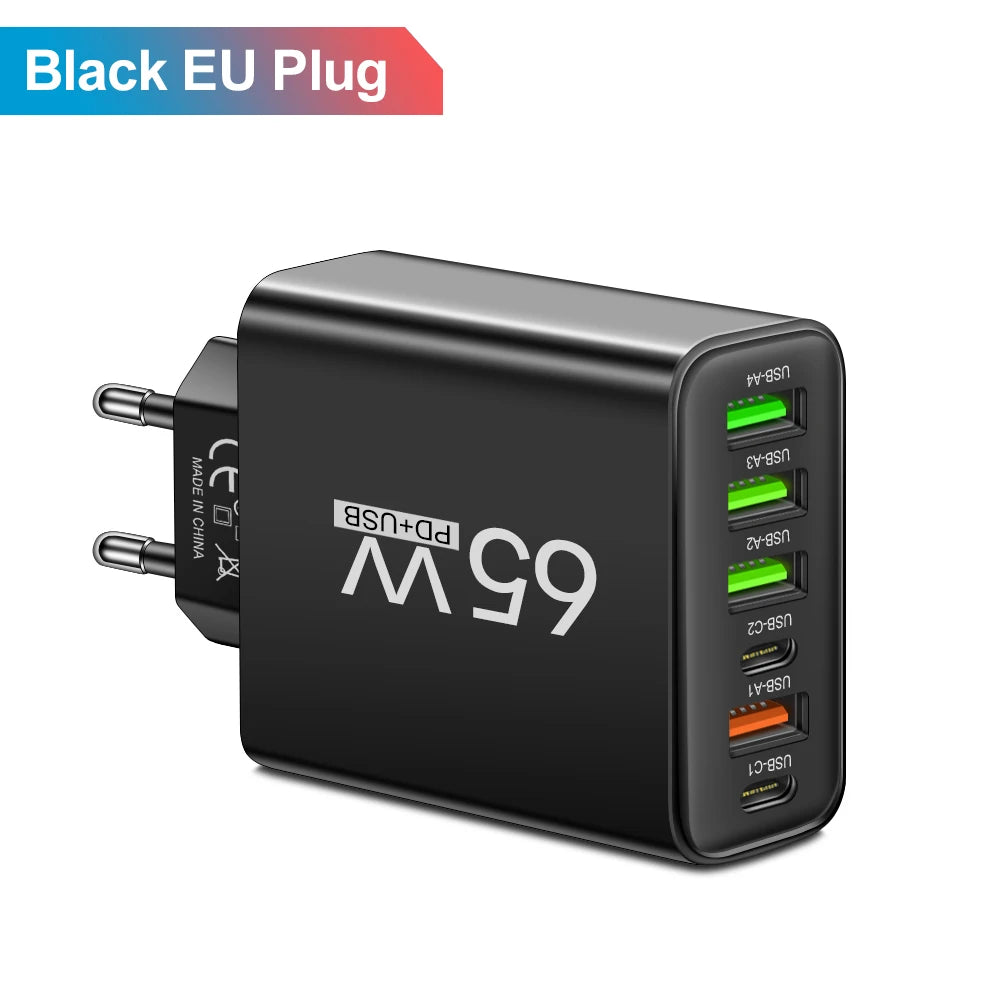 Kompaktes USB Ladegerät mit 65W und 6 Ports für schnelles Laden