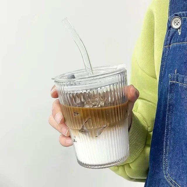 Transparente 400/450ml Glas-Kaffeetasse mit Deckel & Stroh – Auslaufsicher & Stilvoll