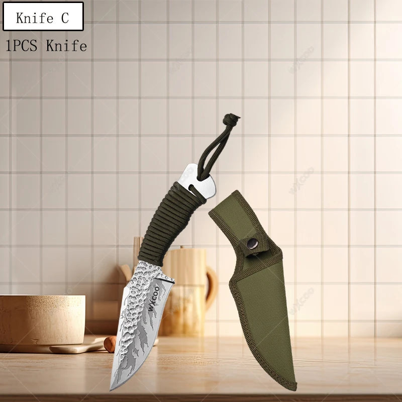 Handgefertigtes Küchenmesser aus Edelstahl mit Holzgriff und magnetischem Messerblock