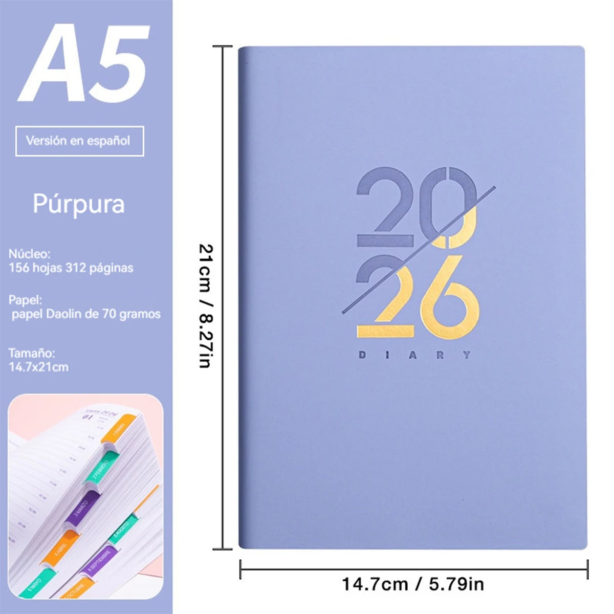 2026 Planer A5 PU-Ledereinband Spanisch Englisch wöchentlicher Monatsplaner