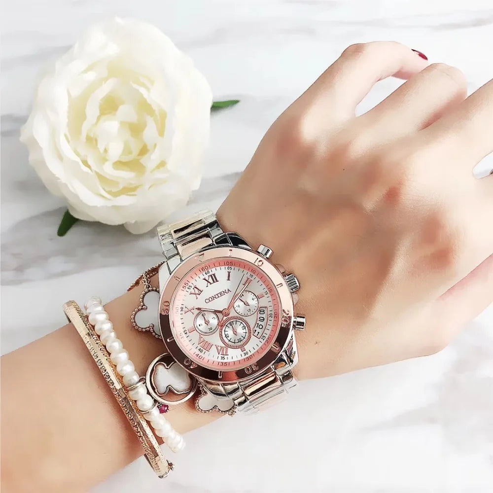 Luxuriöse Damenuhr mit Edelstahlarmband und Quarzuhrwerk, elegant