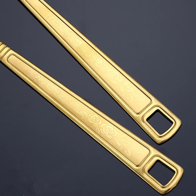 Goldene Edelstahl-Kochutensilien 4-teilig – Spatel, Salatlöffel & Gabel, langlebig, pflegeleicht