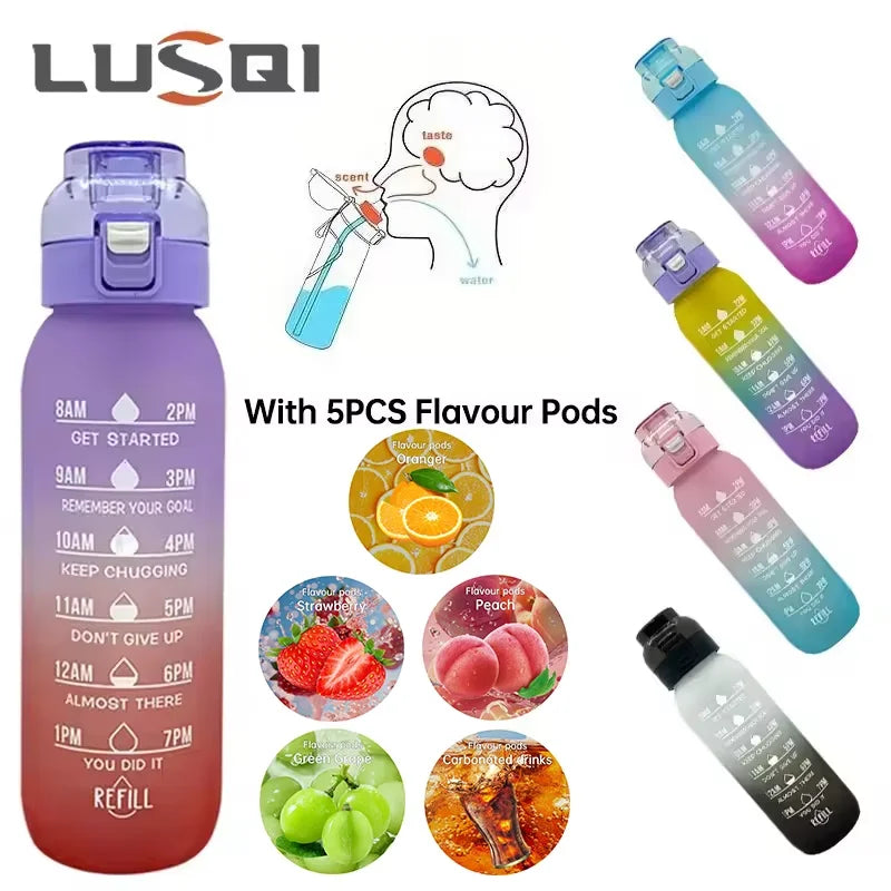 LUSQI 1000ML Geschmackswasser Flasche mit Stroh & 5 Geschmackspods