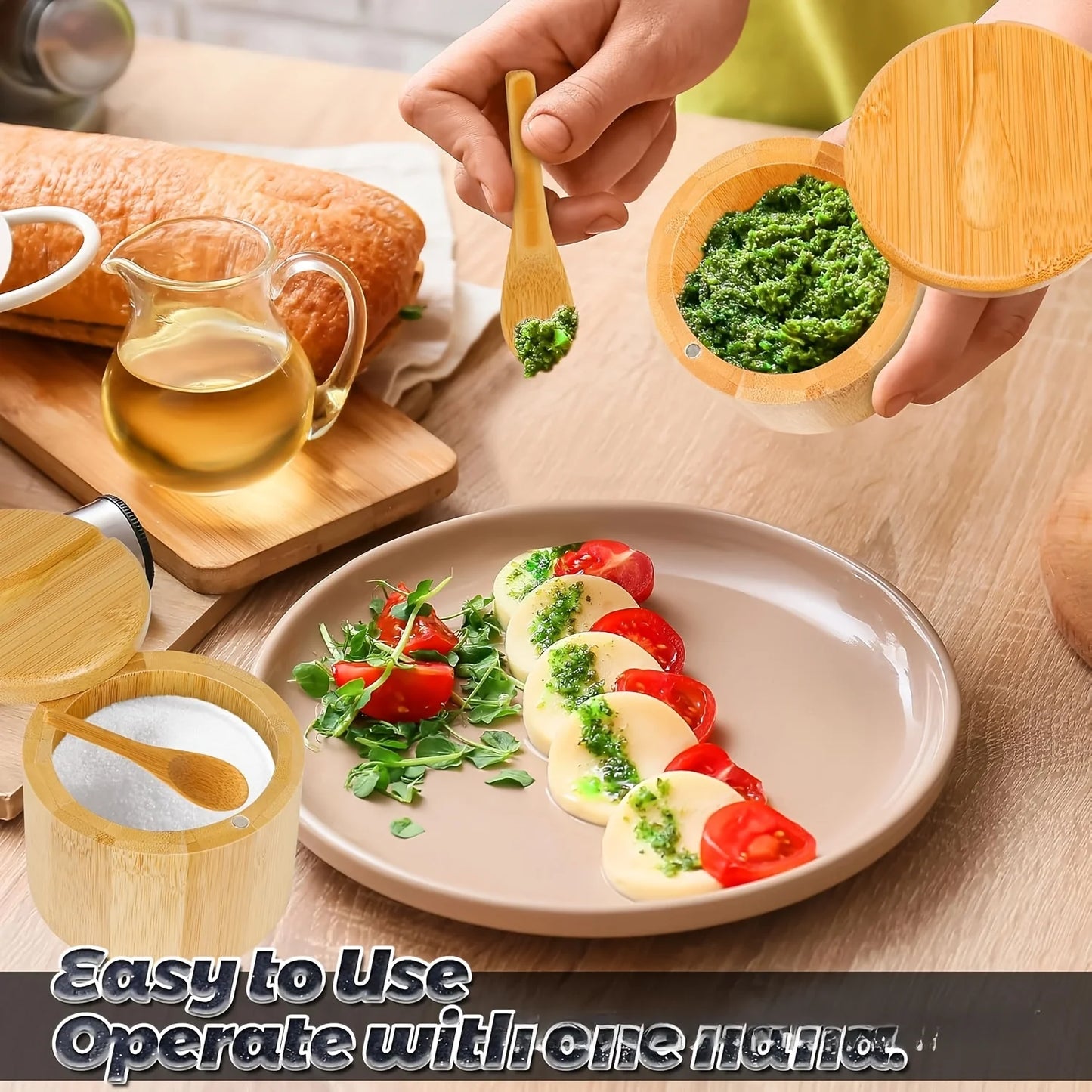 Salz und Pfefferstreuer Set aus Bambus mit drehbarem Löffelverschluss