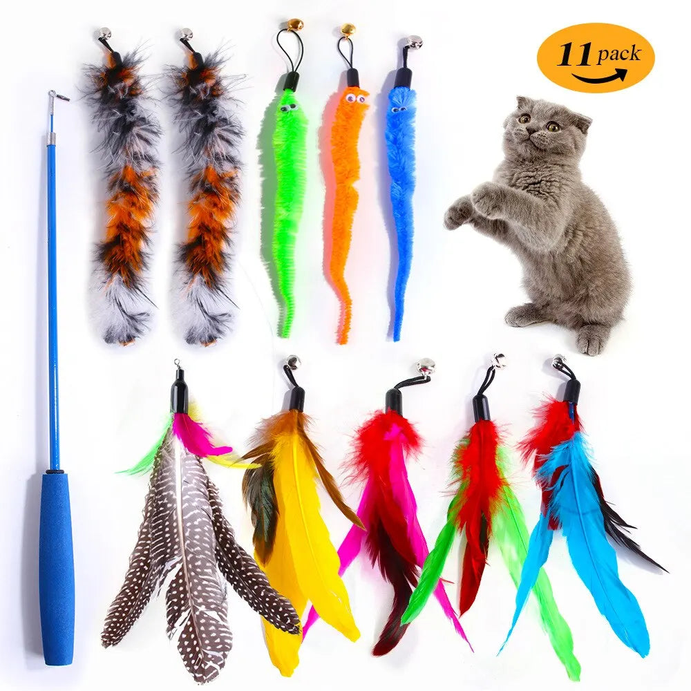 11-teiliges Katzen-Spielzeugset mit Ersatzfedern und Teleskopstab