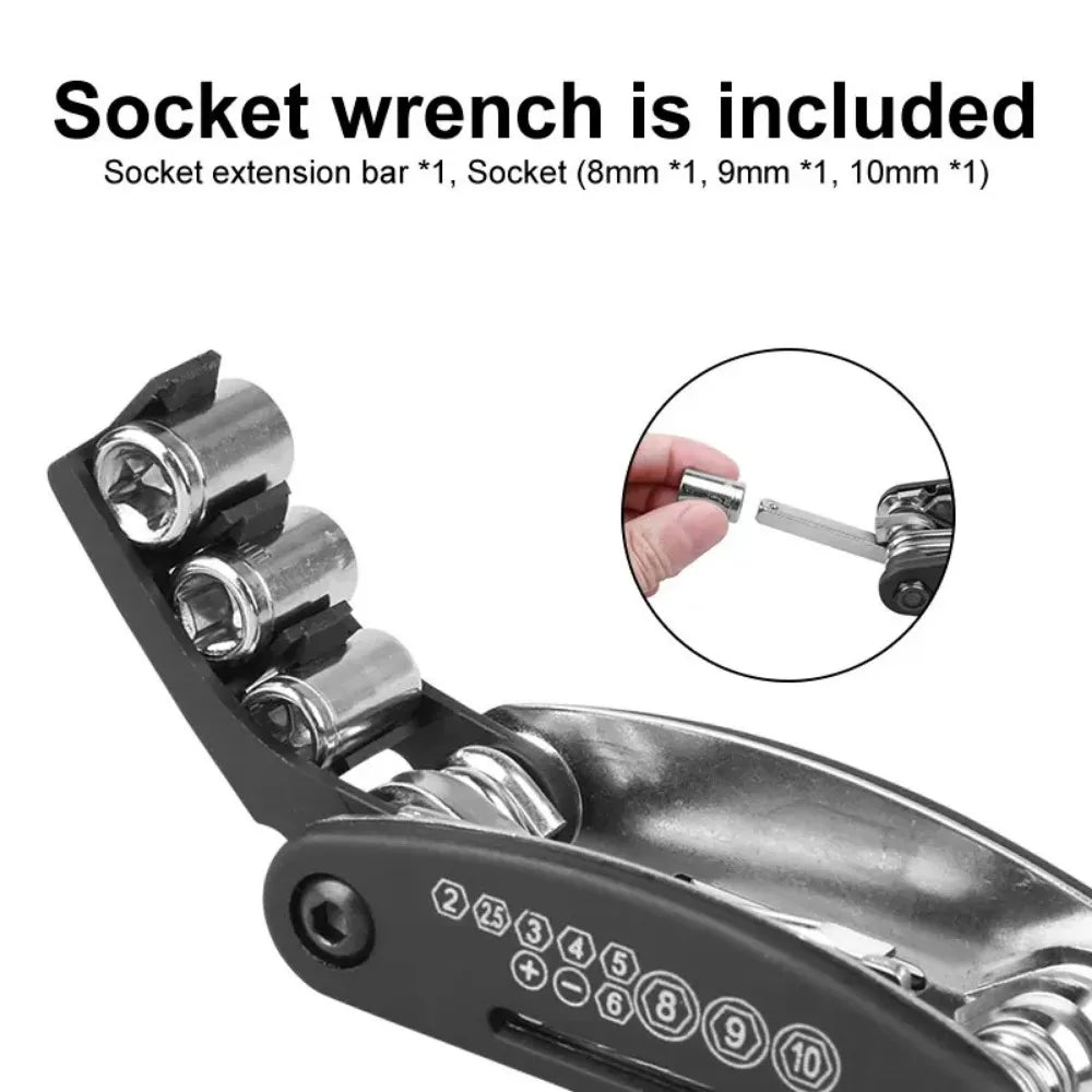 16-in-1 Fahrrad Multitool aus Kohlenstoffstahl – Kompaktes Reparaturset
