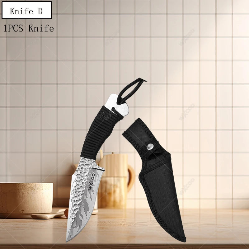 Handgefertigtes Küchenmesser aus Edelstahl mit Holzgriff und magnetischem Messerblock