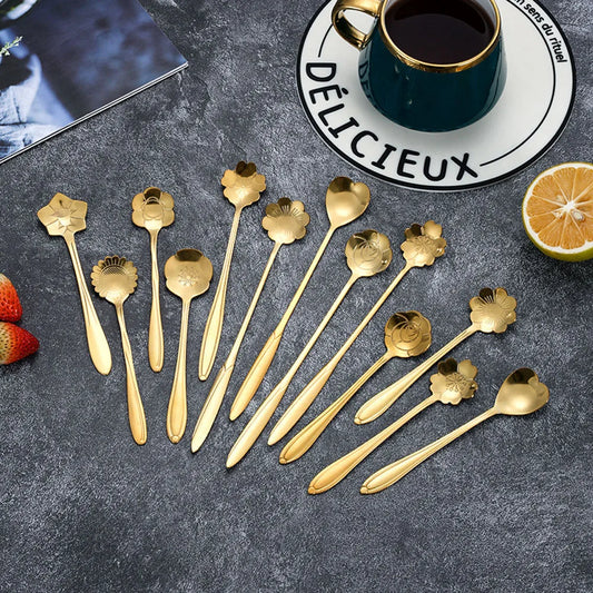 Elegantes 6-teiliges Gold Edelstahl Teelöffel Set mit Blumenmotiv für Tee - Dessert