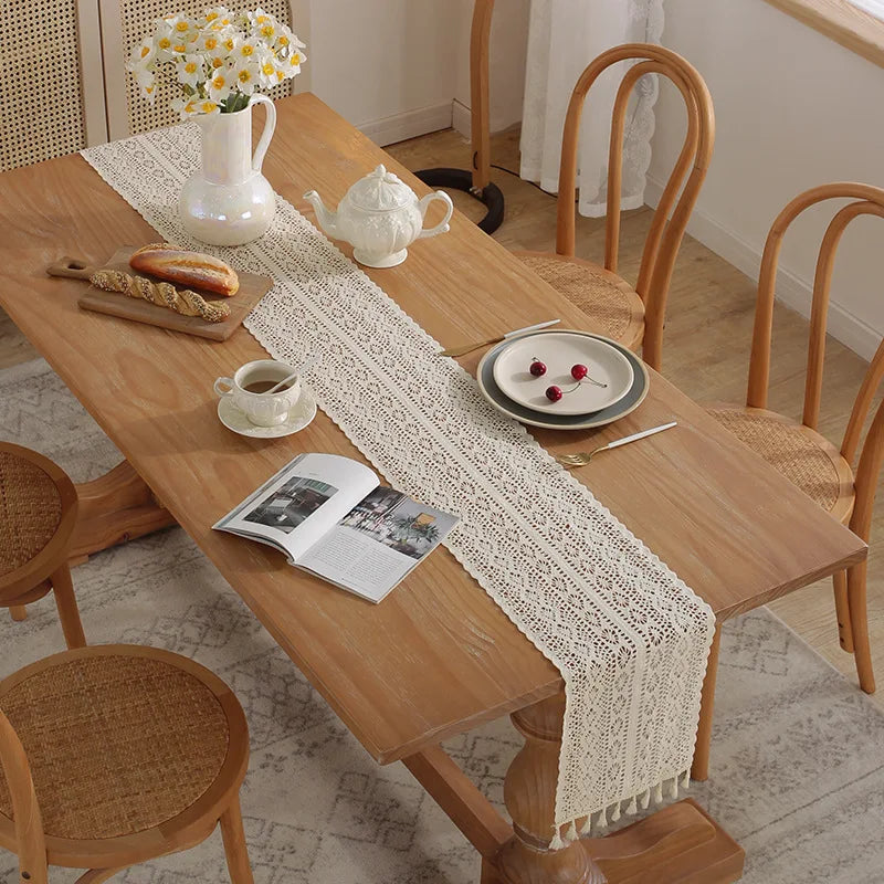 Vintage Beige Tischläufer Häkelspitze Quaste für Couchtisch Hochzeitsdeko