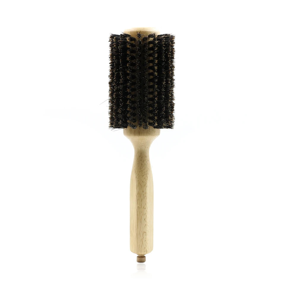 Runde Haarbürste mit Holzgriff und Wildschweinborsten für professionelles Styling