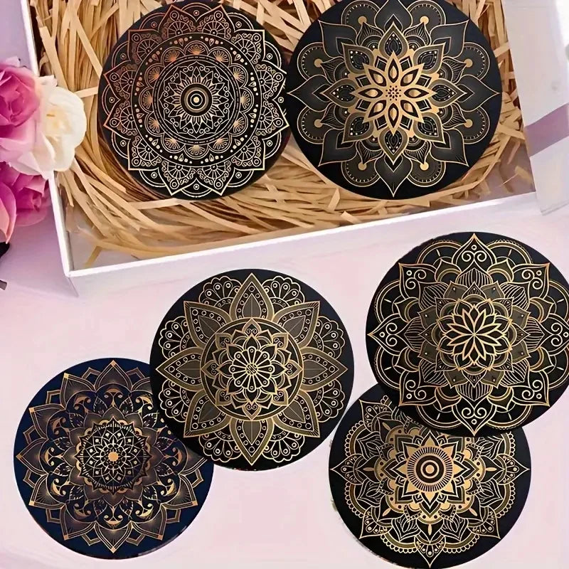 8er Set Holzuntersetzer mit Mandala Muster – Rutschfest und Dekorativ