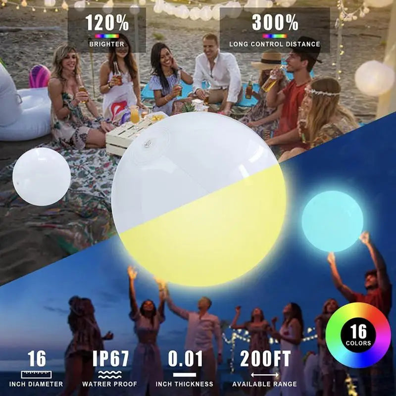 Bunter LED-Strandball mit 16 Farben - Fernbedienung – Wasserdicht, 40 cm groß
