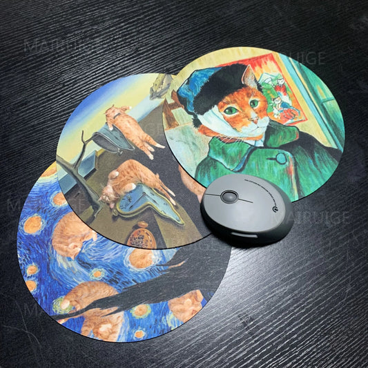Rundes Mauspad 22cm - Niedliches Katzen Design - Van Gogh Stil für Gamer