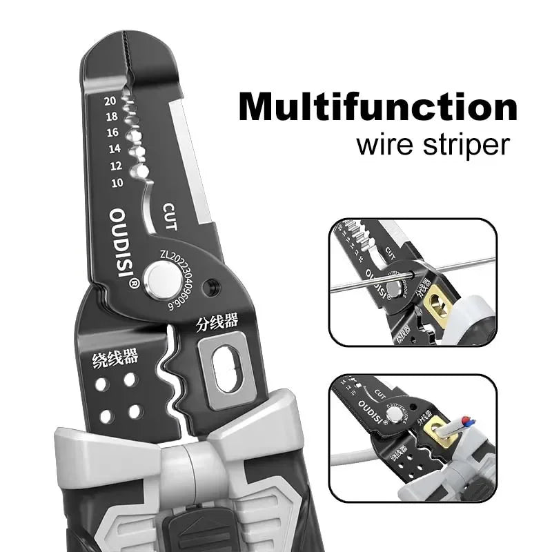 Multifunktionale Abisolierzange mit Crimp- und Schneidefunktion für Elektriker