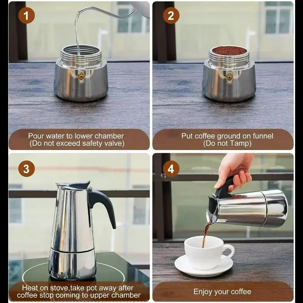 Italienischer Edelstahl Moka Pot – Induktionstauglich, 50-600 ml, Aromatisch