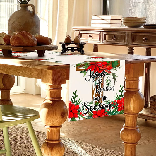 Weihnachts Tischläufer mit religiösem Motiv aus Leinen für festliche Dekoration