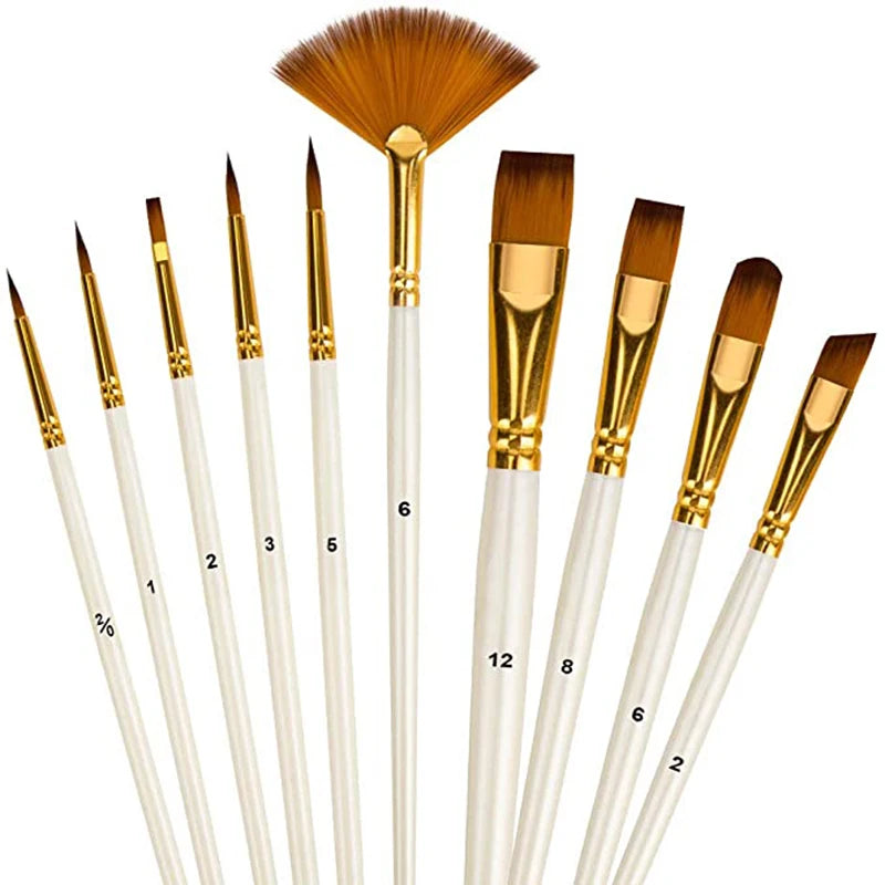 Vielseitiges 10-teiliges Nylon-Pinsel-Set mit Holzgriffen für Acryl - Öl