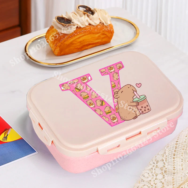 Niedliche Capybara Lunchbox mit A-Z Buchstaben, Single Layer Bento Box