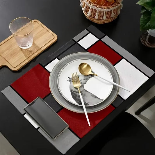 Moderne geometrische Tischsets aus Leinen in Rot Weiß Grau für Küche und Restaurant