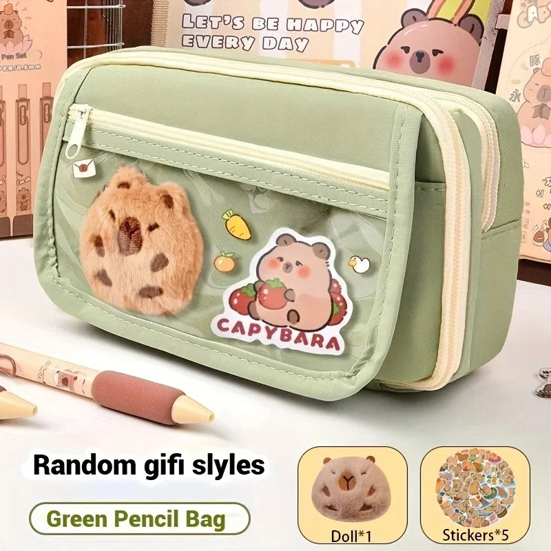 7-teiliges mehrlagiges Federmäppchen-Set mit süßem Capybara-Motiv für Schule