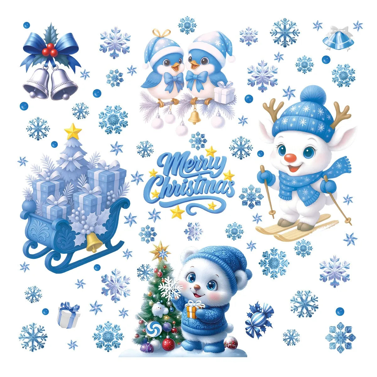 Weihnachts Fensteraufkleber mit Schneemann, Elch und Weihnachtsmann Motiven